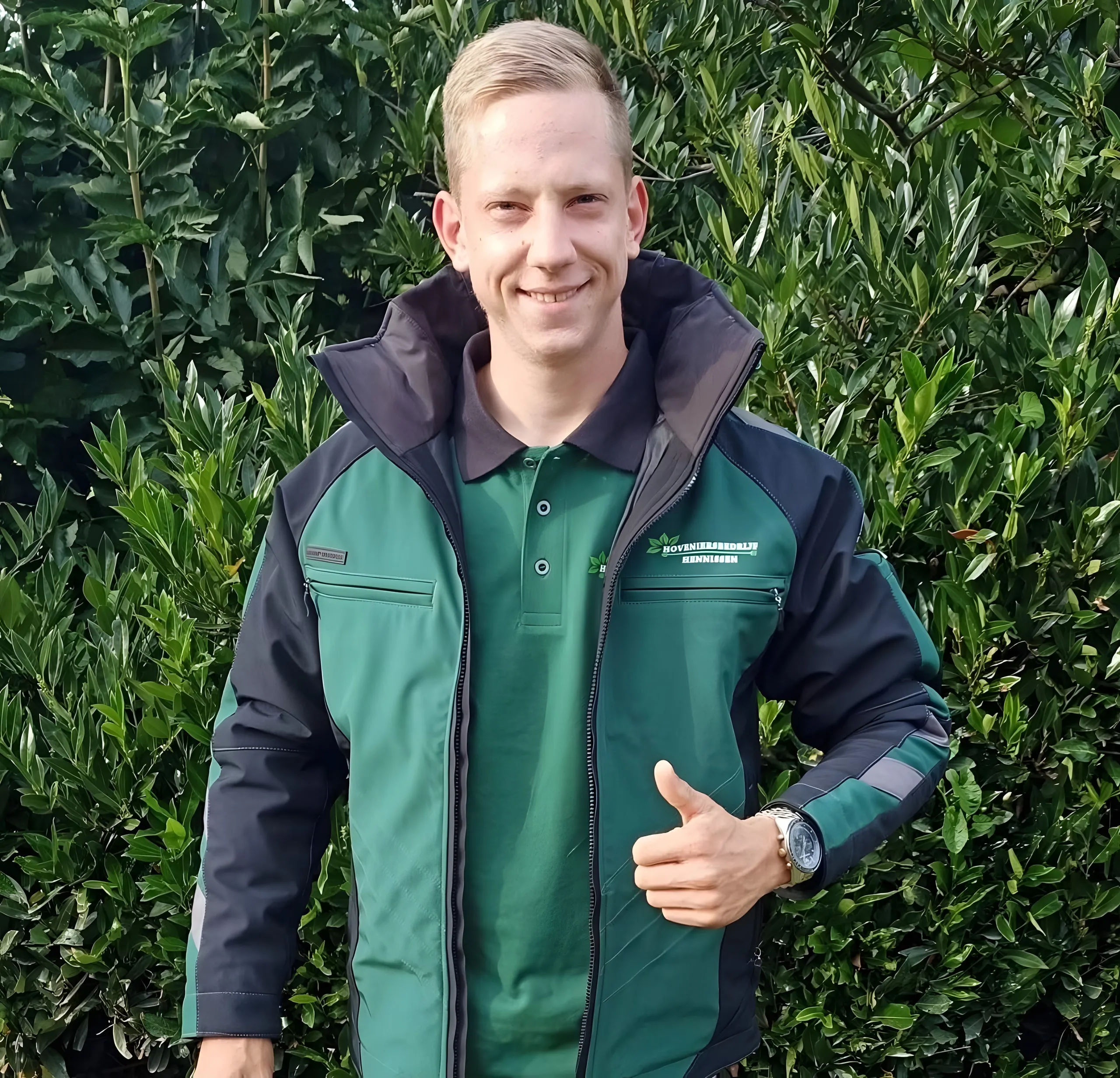 Bas Hennissen met duim omhoog in Hennissen-werkjas