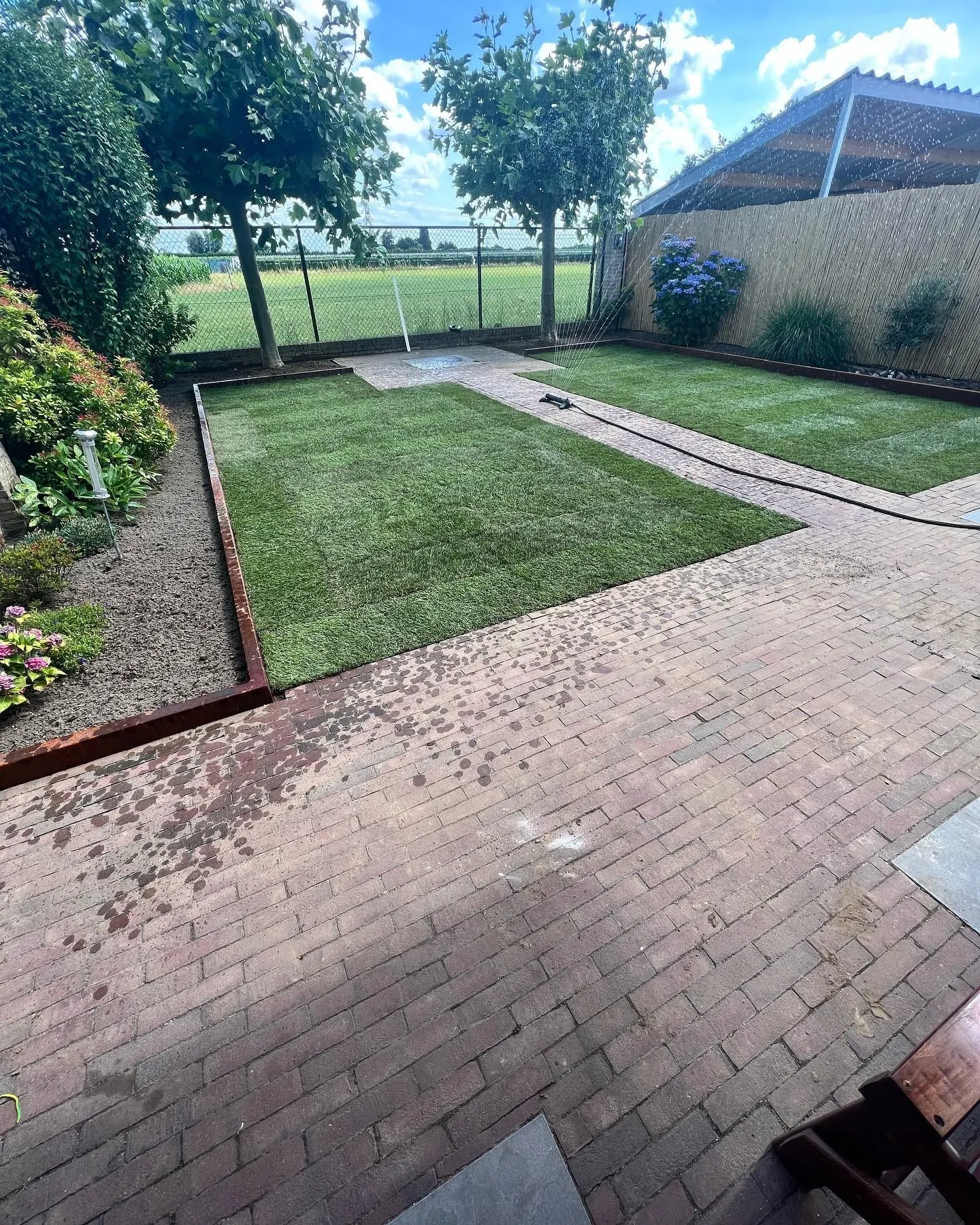 Gestreept gazon met klinkerpad